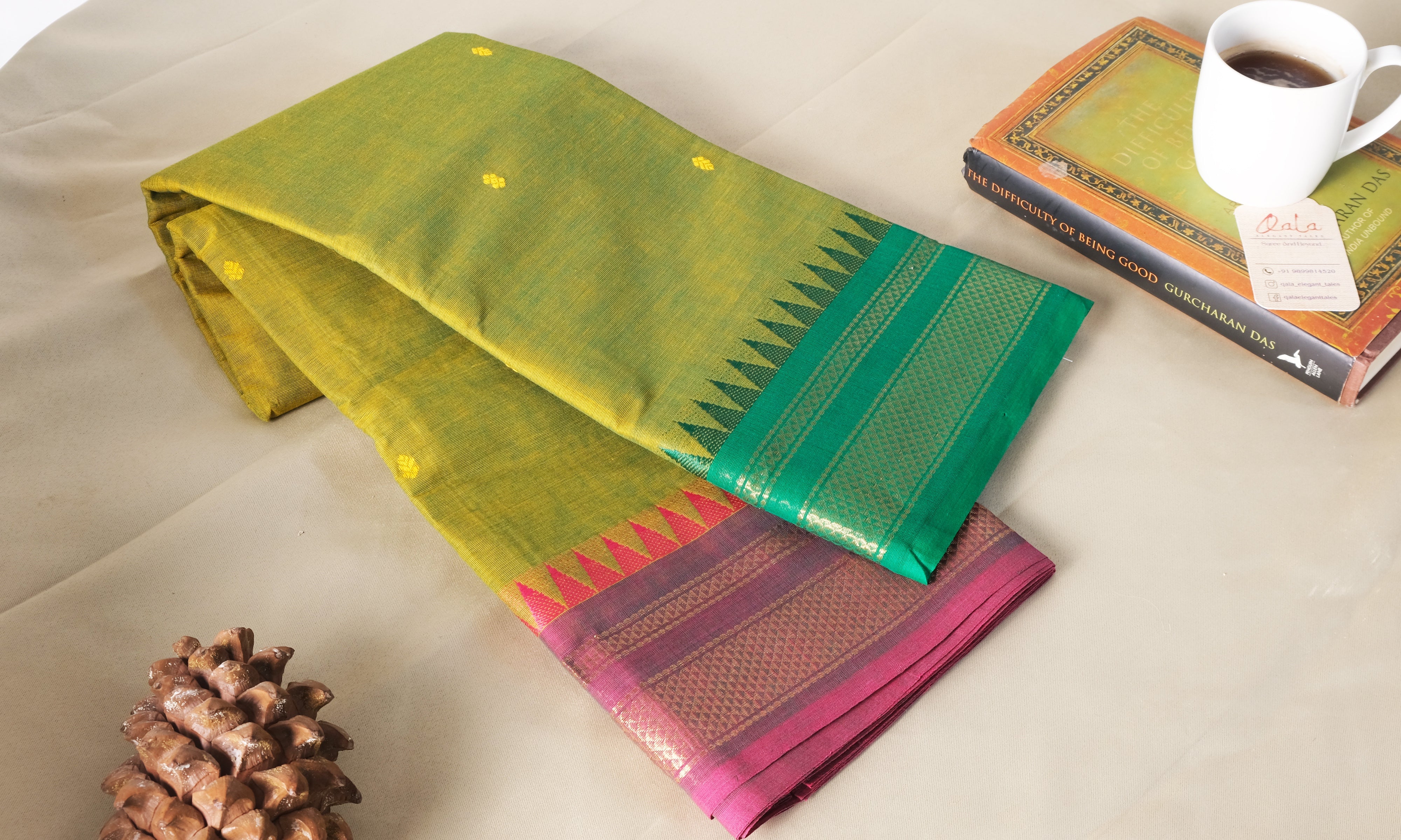 Light Mehndi Green, Green And Pink Ganga Jamuna Border Kanchi Cotton Saree