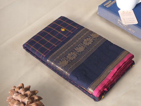 Navy Blue Check Pink Kanchi Cotton Saree
