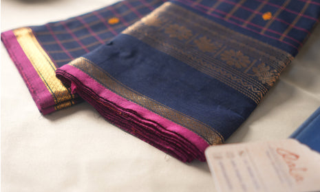 Navy Blue Check Pink Kanchi Cotton Saree
