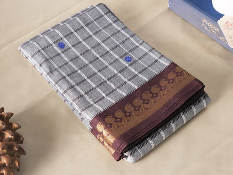 Grey Check And Deep Brown Border Kanchi Cotton Saree