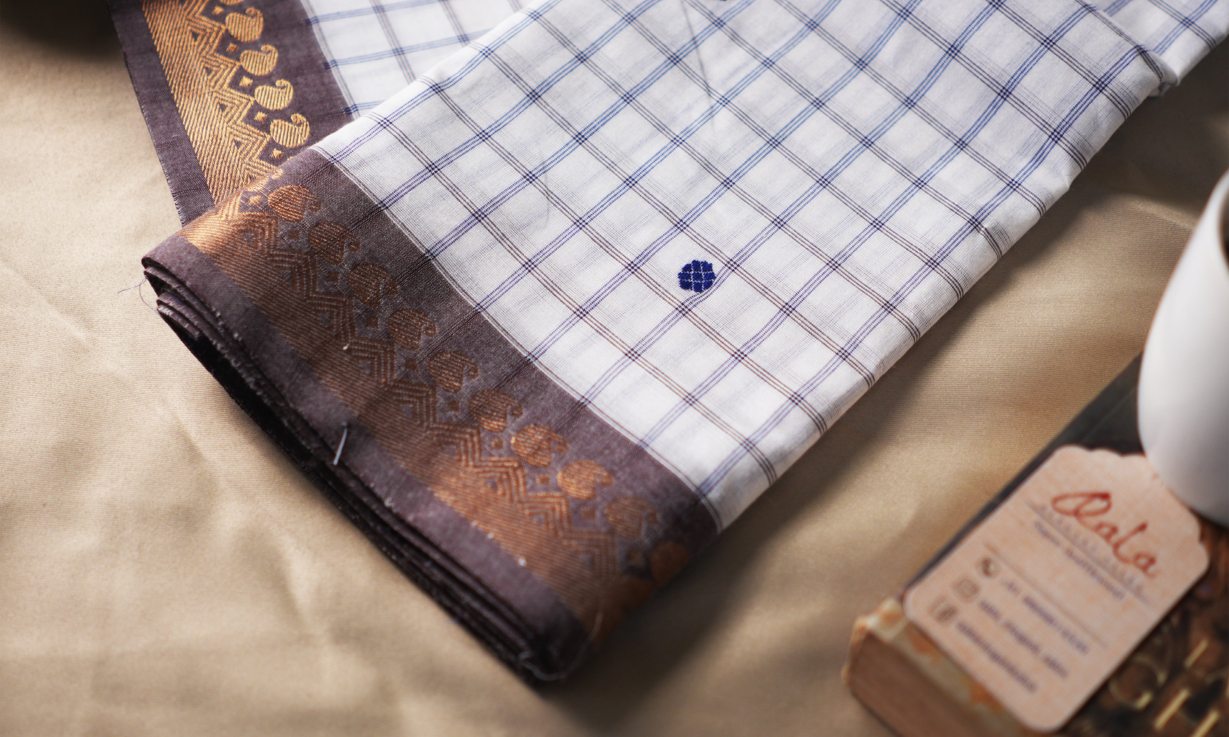 Grey Check And Deep Brown Border Kanchi Cotton Saree