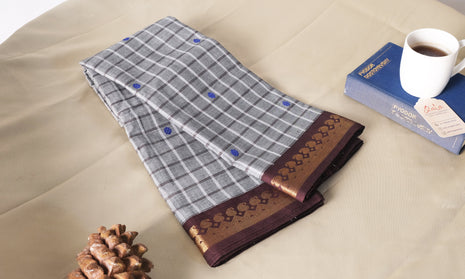 Grey Check And Deep Brown Border Kanchi Cotton Saree