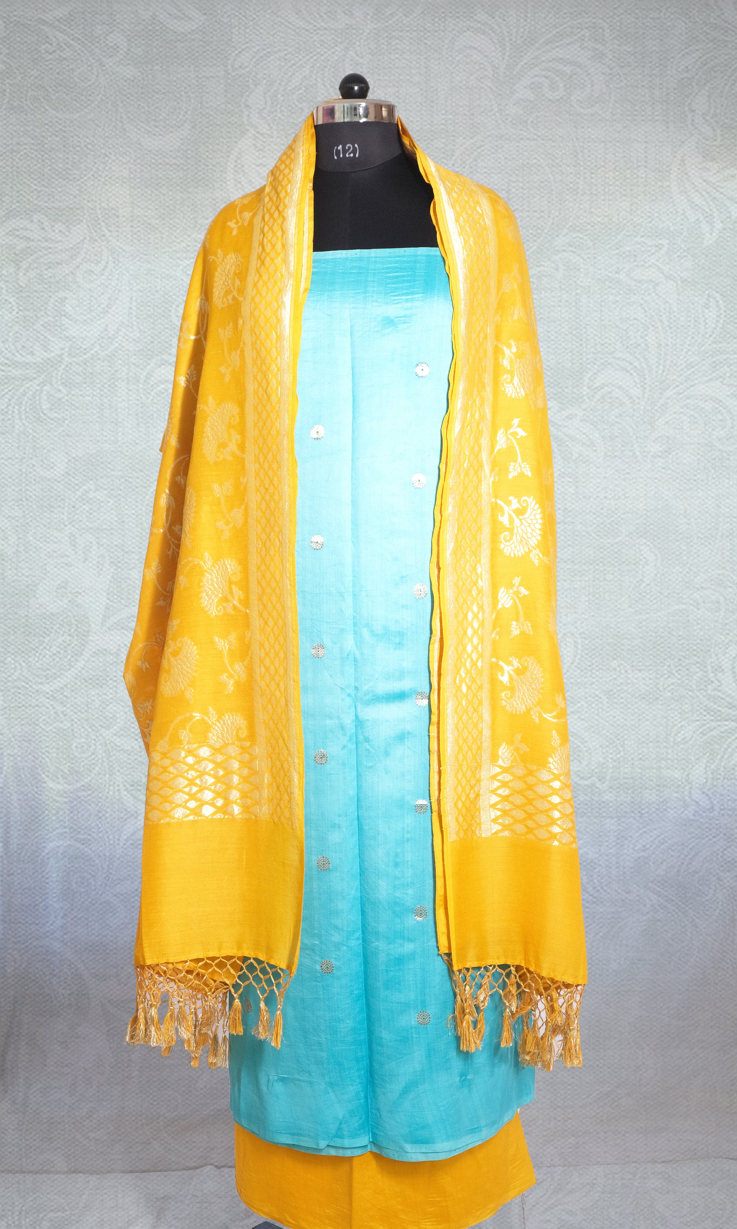 Firozi & Yellow Silk Dress Material