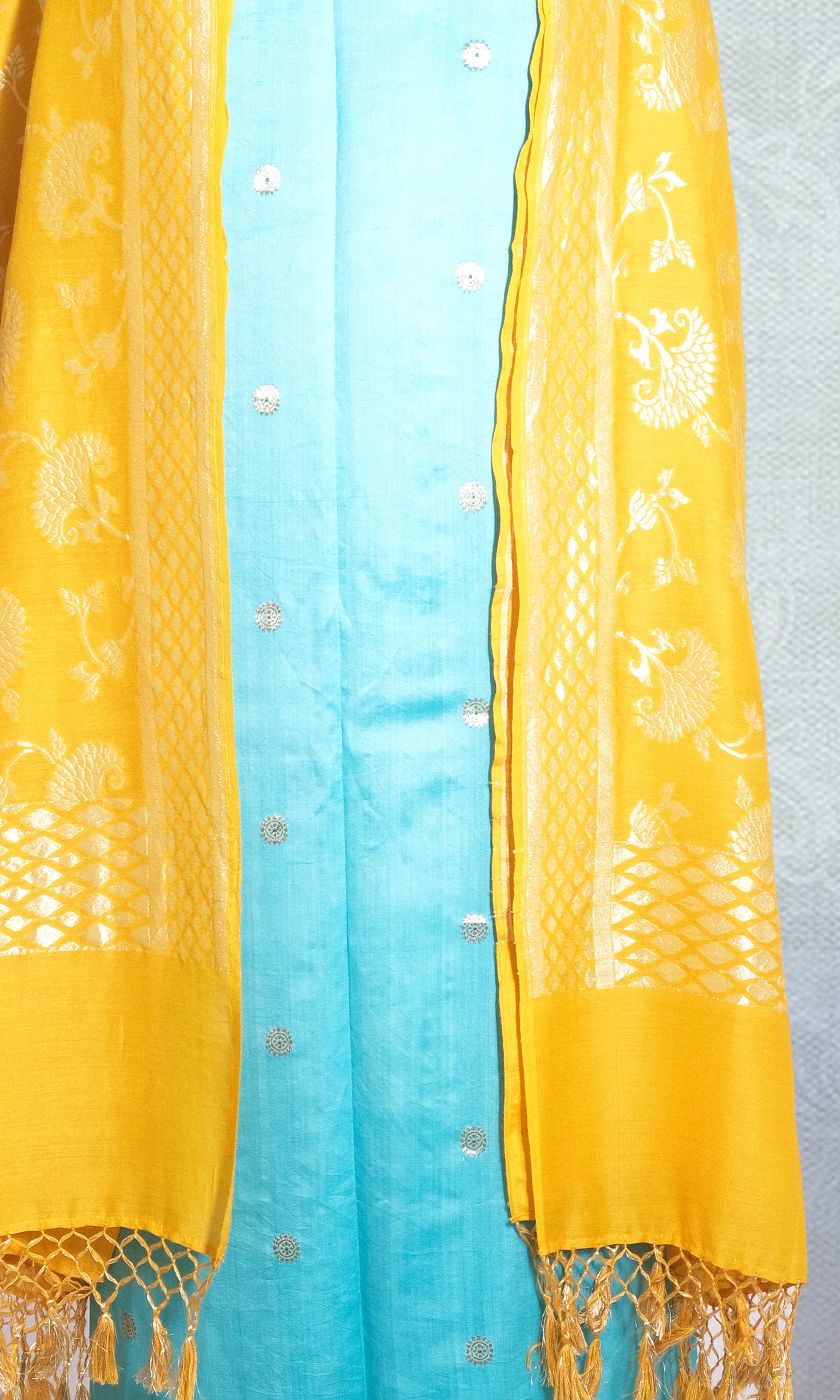 Firozi & Yellow Silk Dress Material