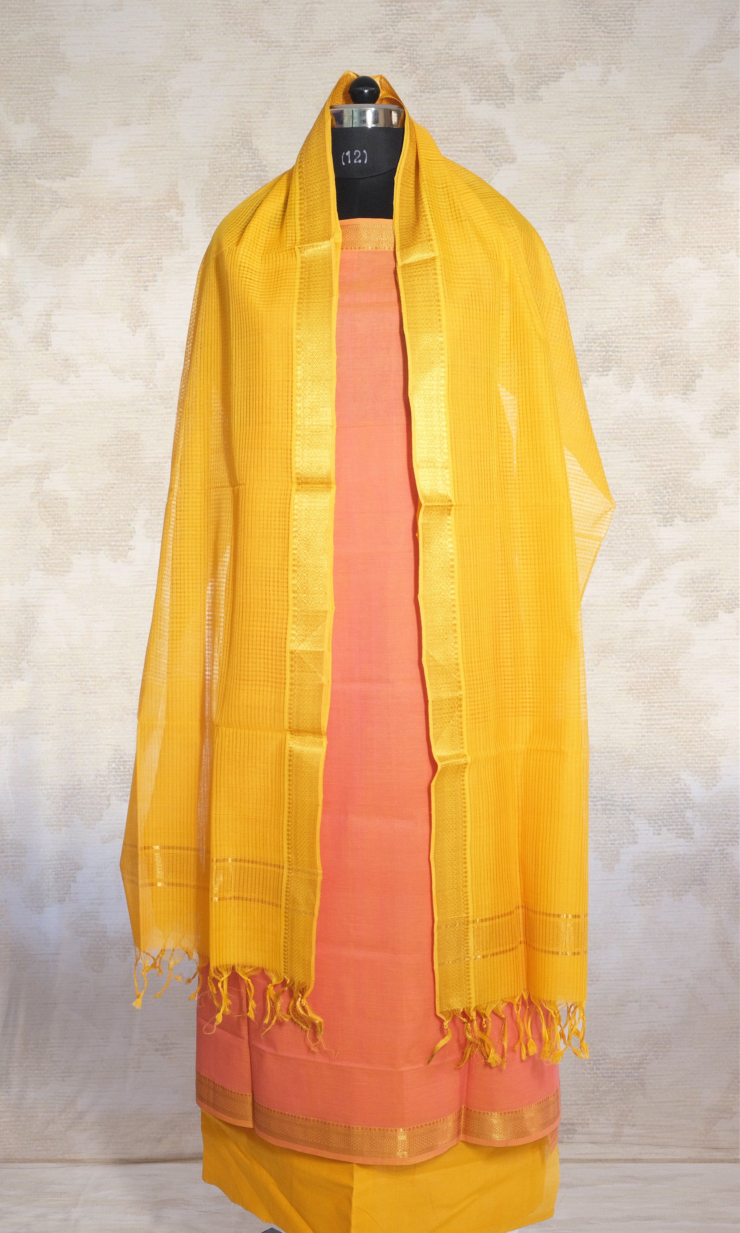 Peach & Yellow Mangalgiri Cotton Dress Material