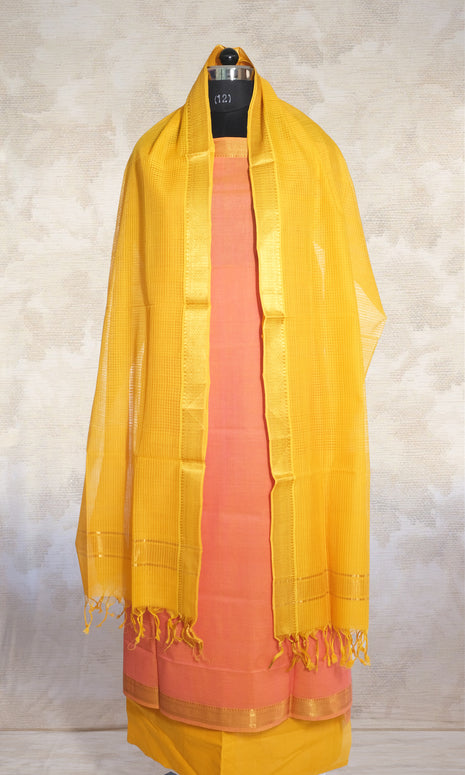 Peach & Yellow Mangalgiri Cotton Dress Material