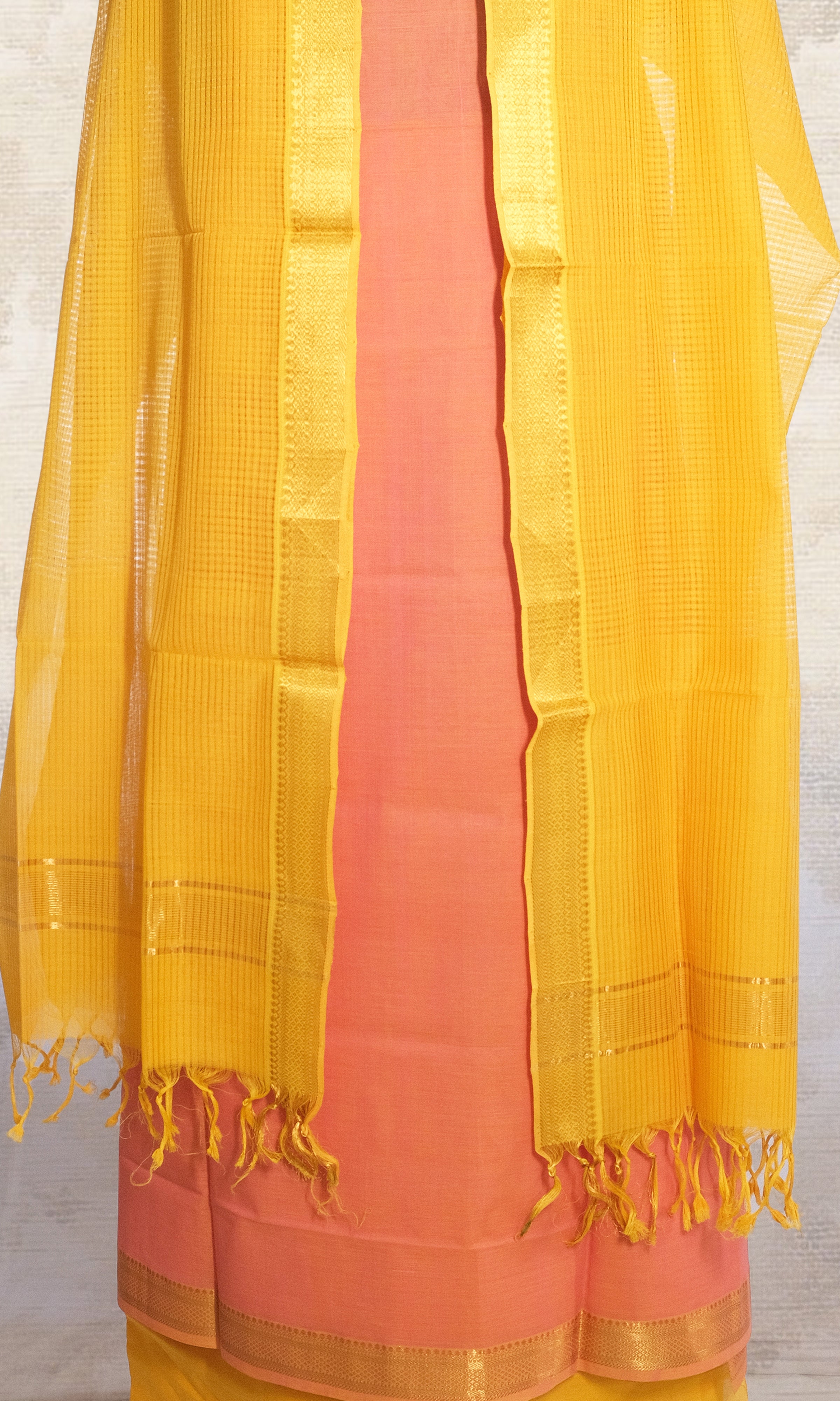 Peach & Yellow Mangalgiri Cotton Dress Material