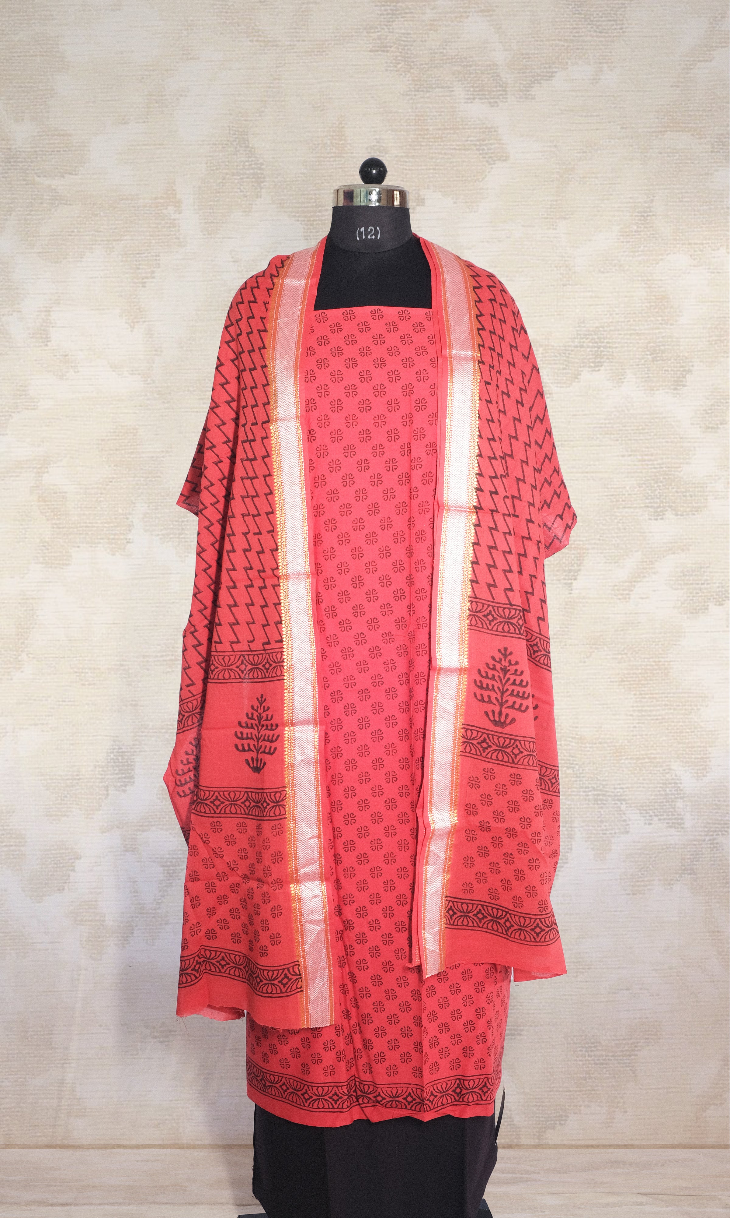 Black & Red Cotton Dress Material