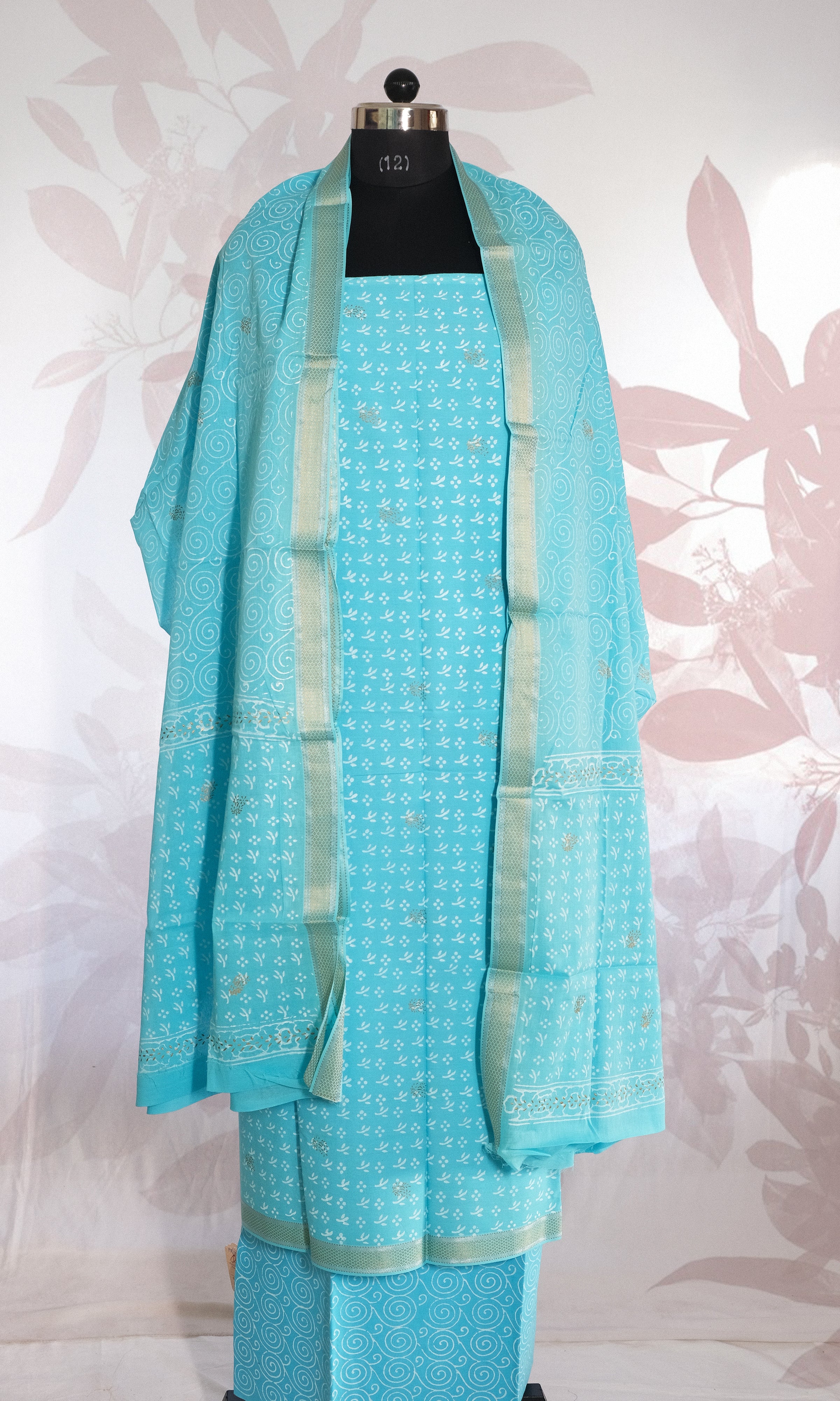 Complete Light Blue & Gold Cotton Dress Material