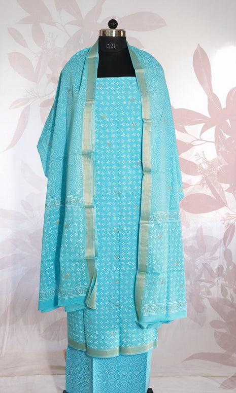 Complete Light Blue & Gold Cotton Dress Material
