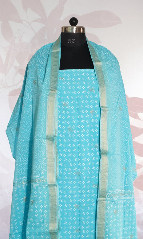 Complete Light Blue & Gold Cotton Dress Material