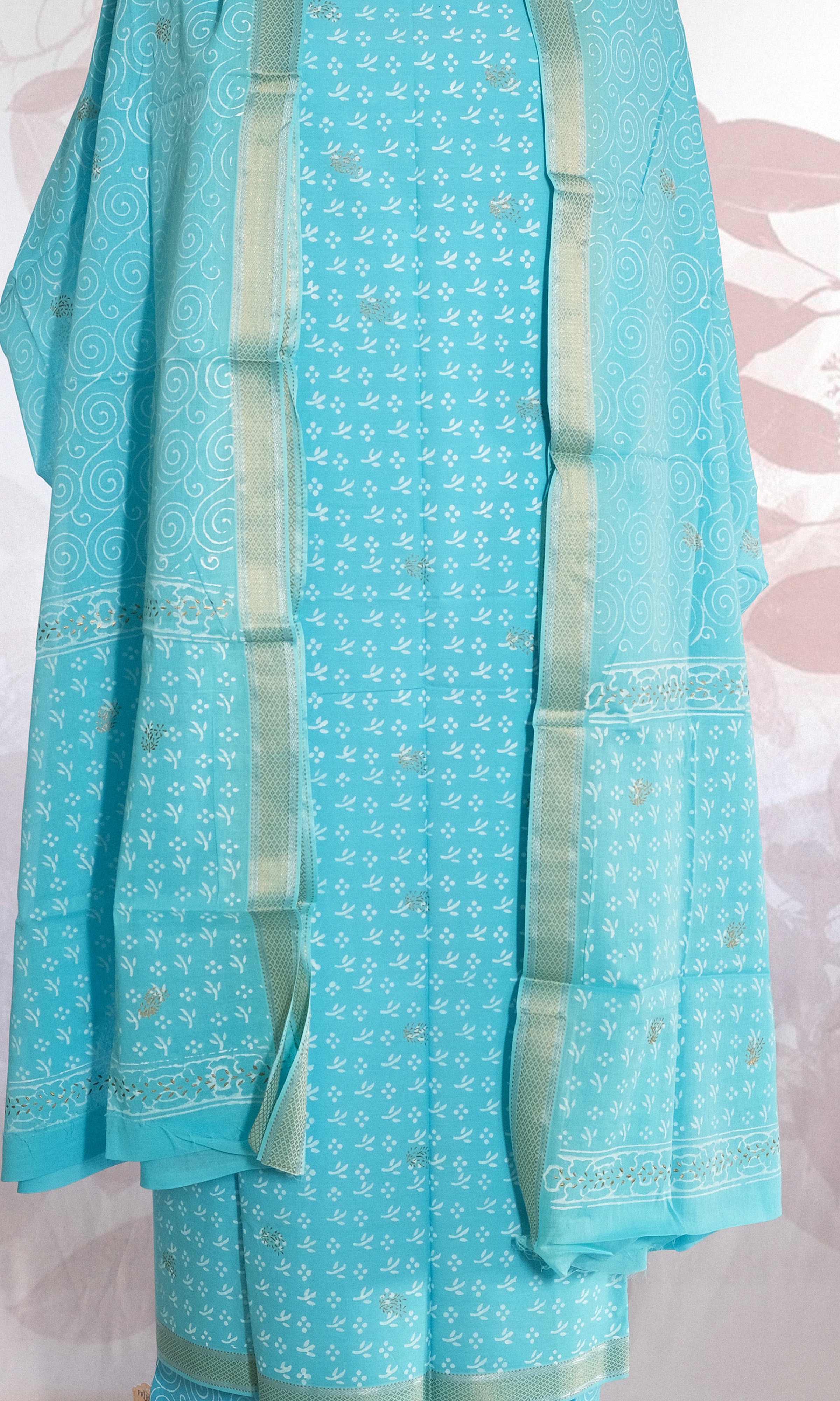 Complete Light Blue & Gold Cotton Dress Material