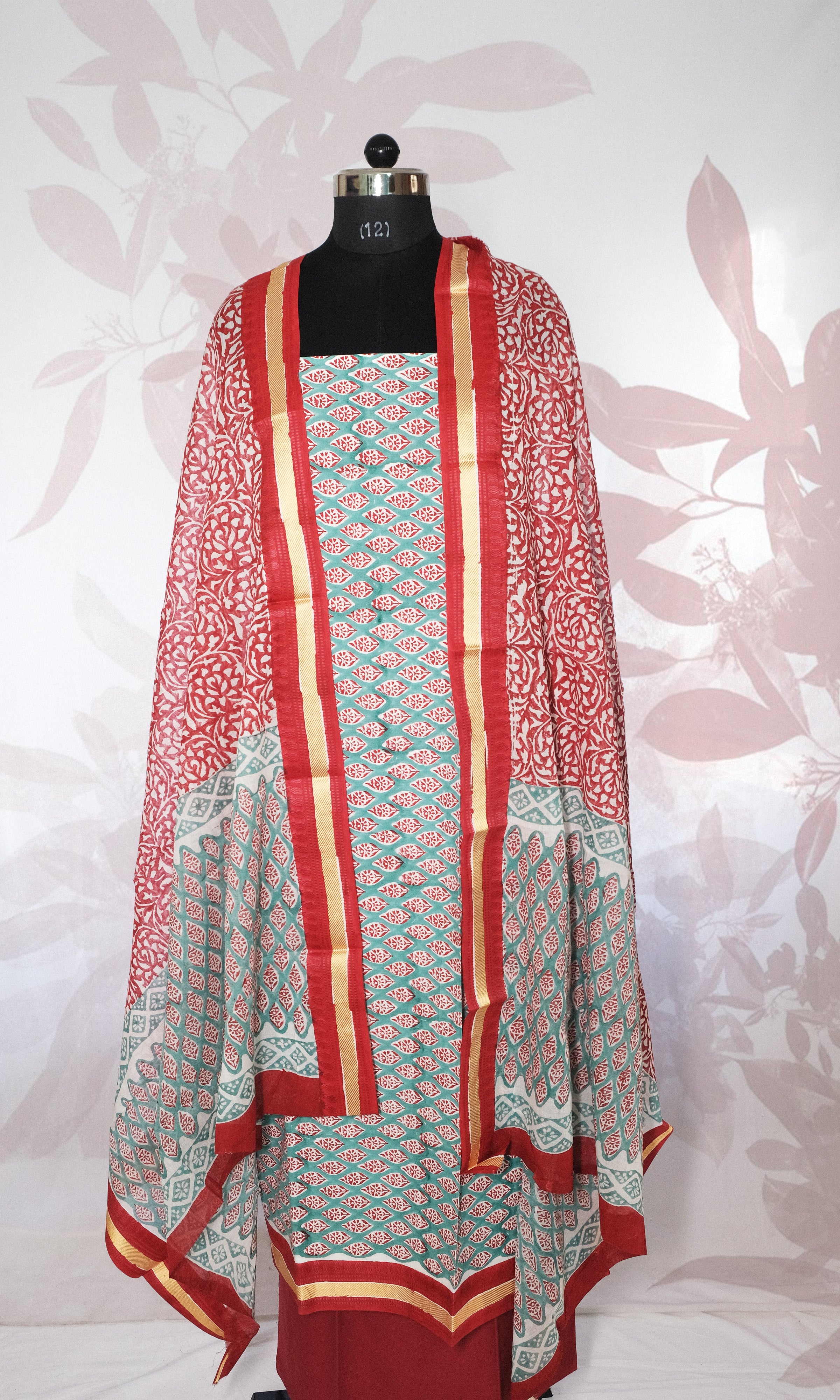 Firozi & Red Cotton Dress Material