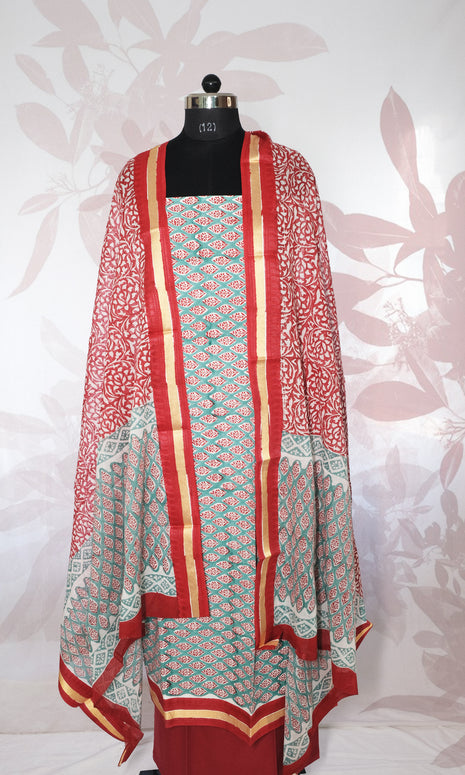 Firozi & Red Cotton Dress Material