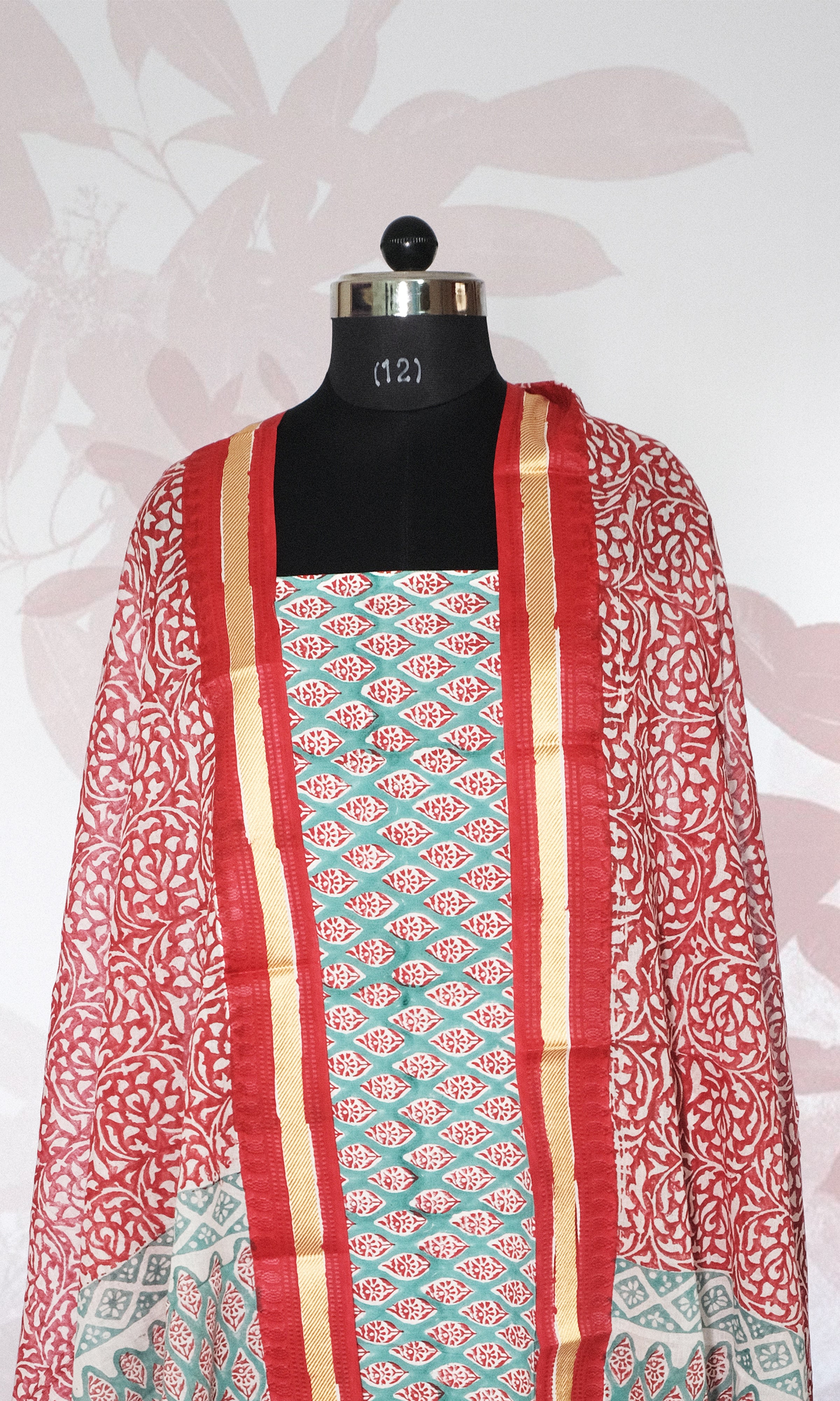 Firozi & Red Cotton Dress Material