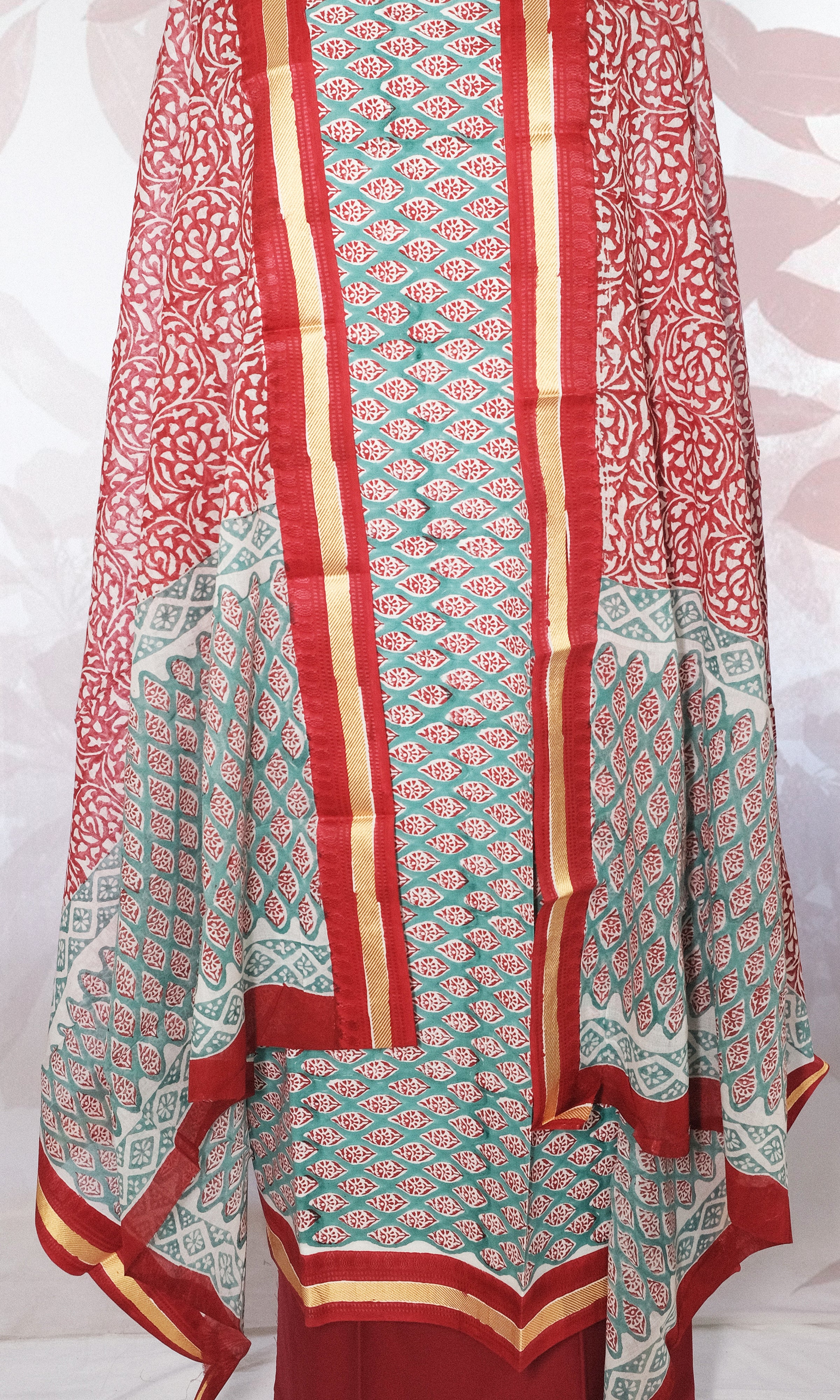 Firozi & Red Cotton Dress Material