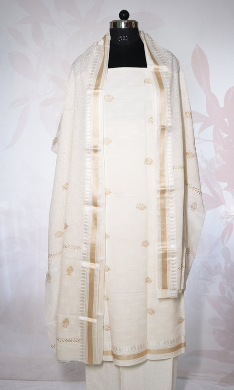 Complete White & Gold Cotton Dress Material