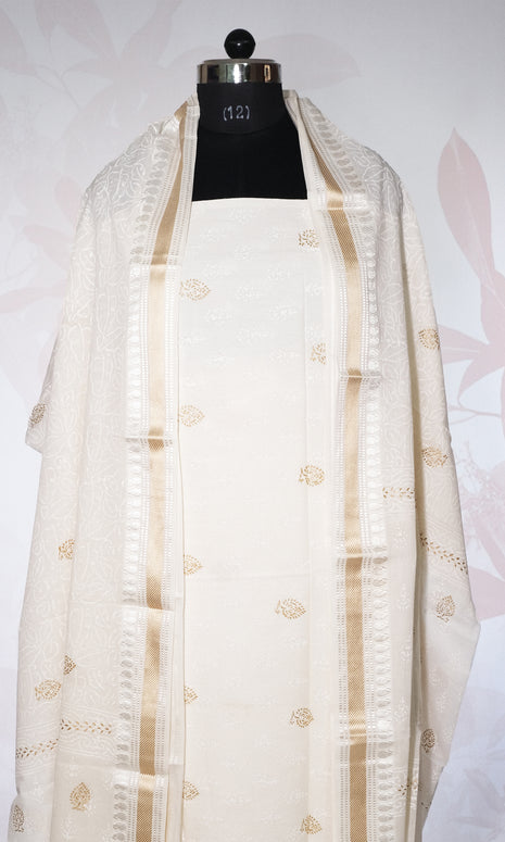 Complete White & Gold Cotton Dress Material