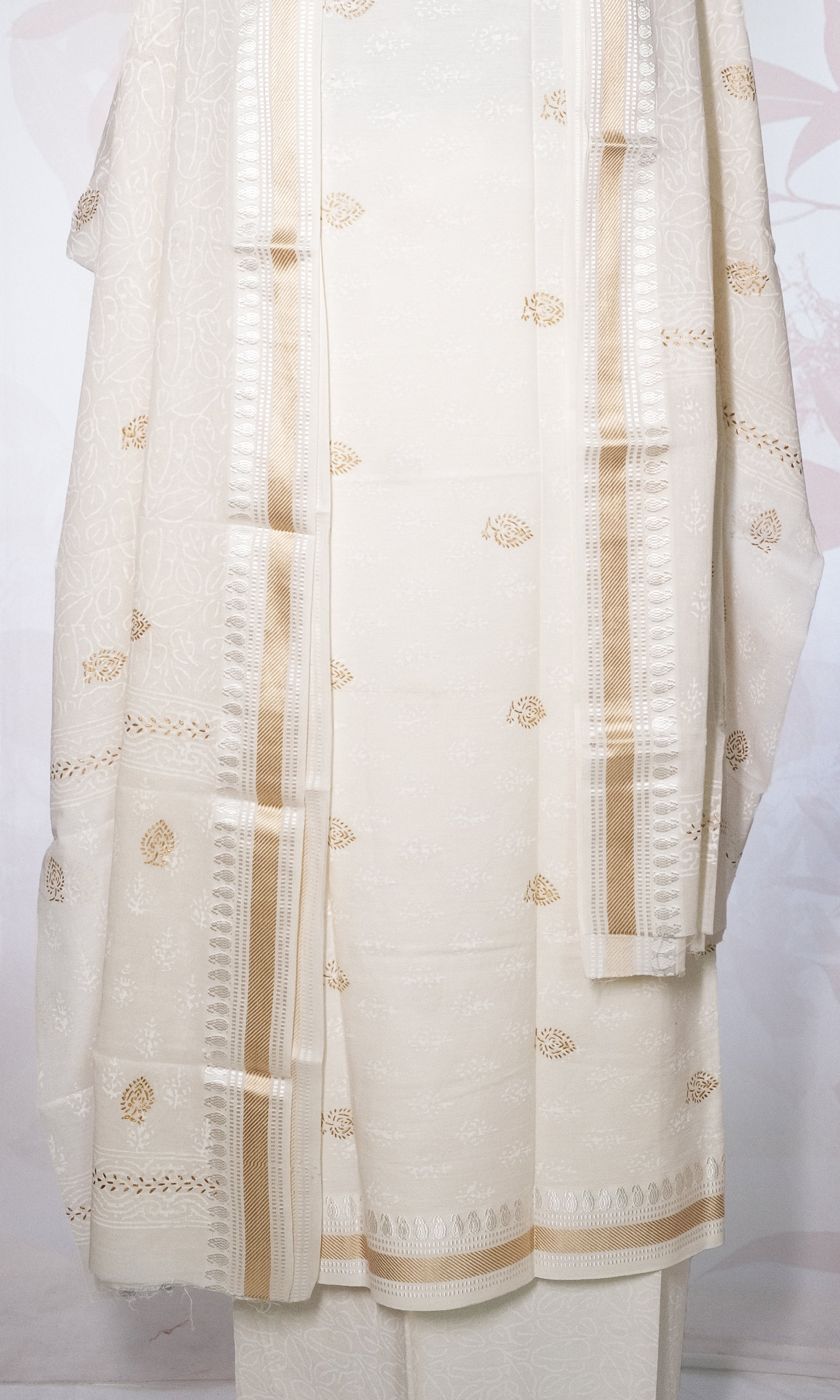 Complete White & Gold Cotton Dress Material
