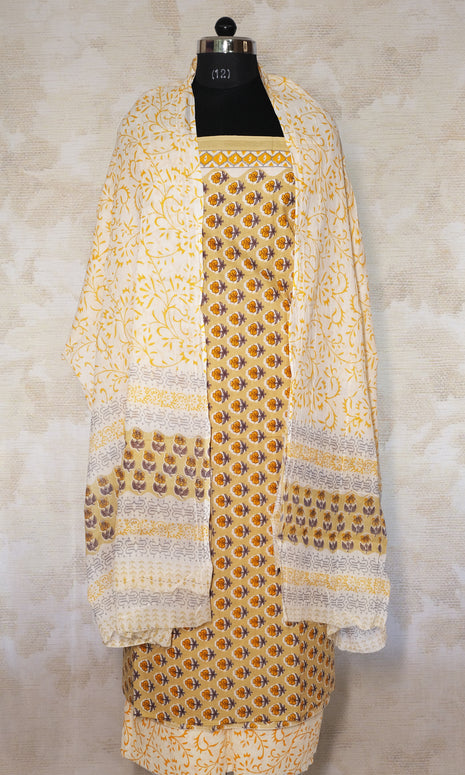 Beige & Orange Cotton Dress Material