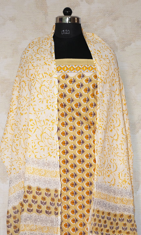 Beige & Orange Cotton Dress Material