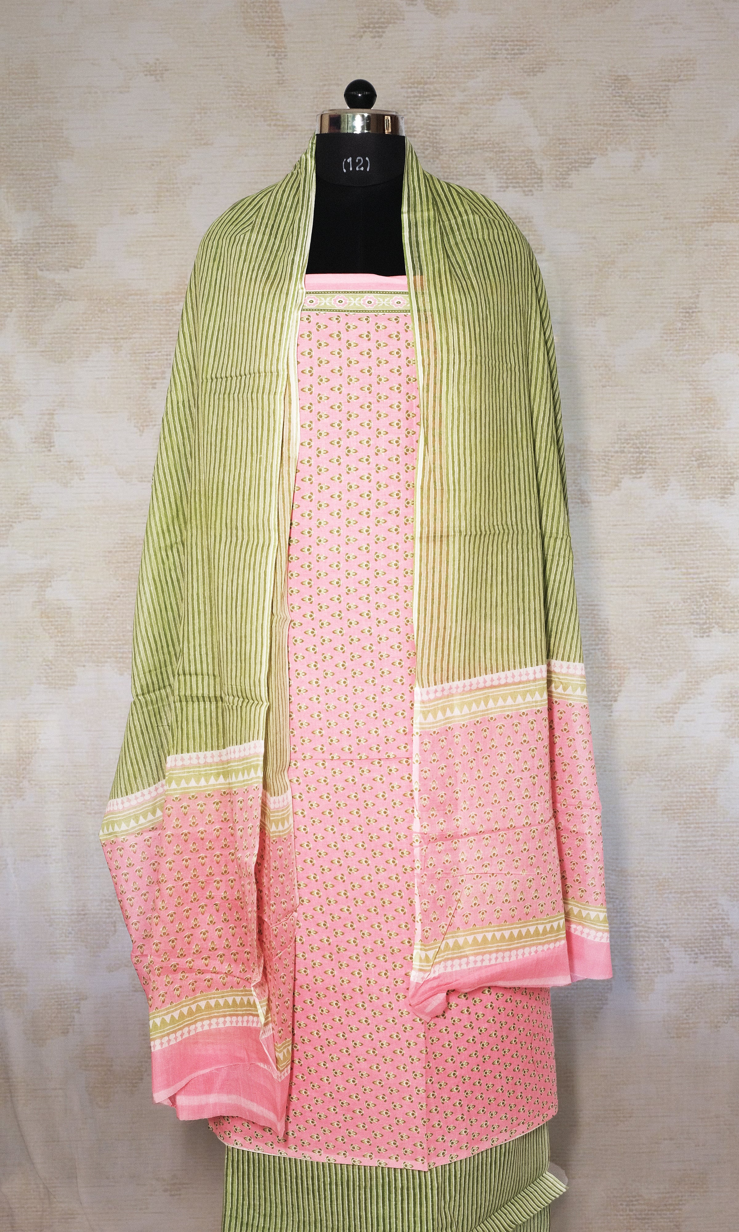 Pink & Sap Green Cotton Dress Material