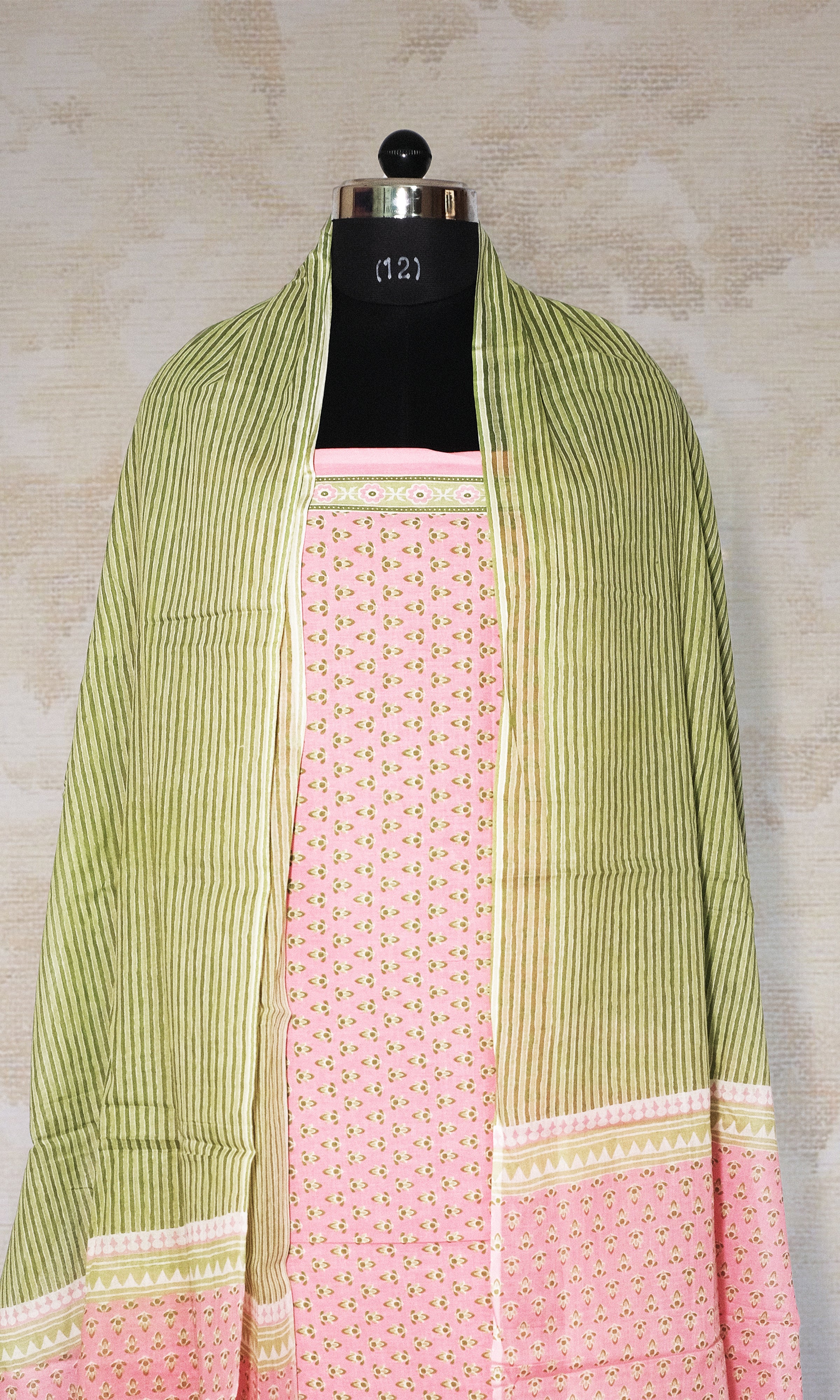 Pink & Sap Green Cotton Dress Material