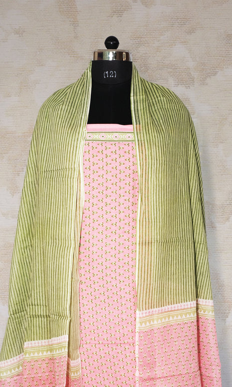 Pink & Sap Green Cotton Dress Material