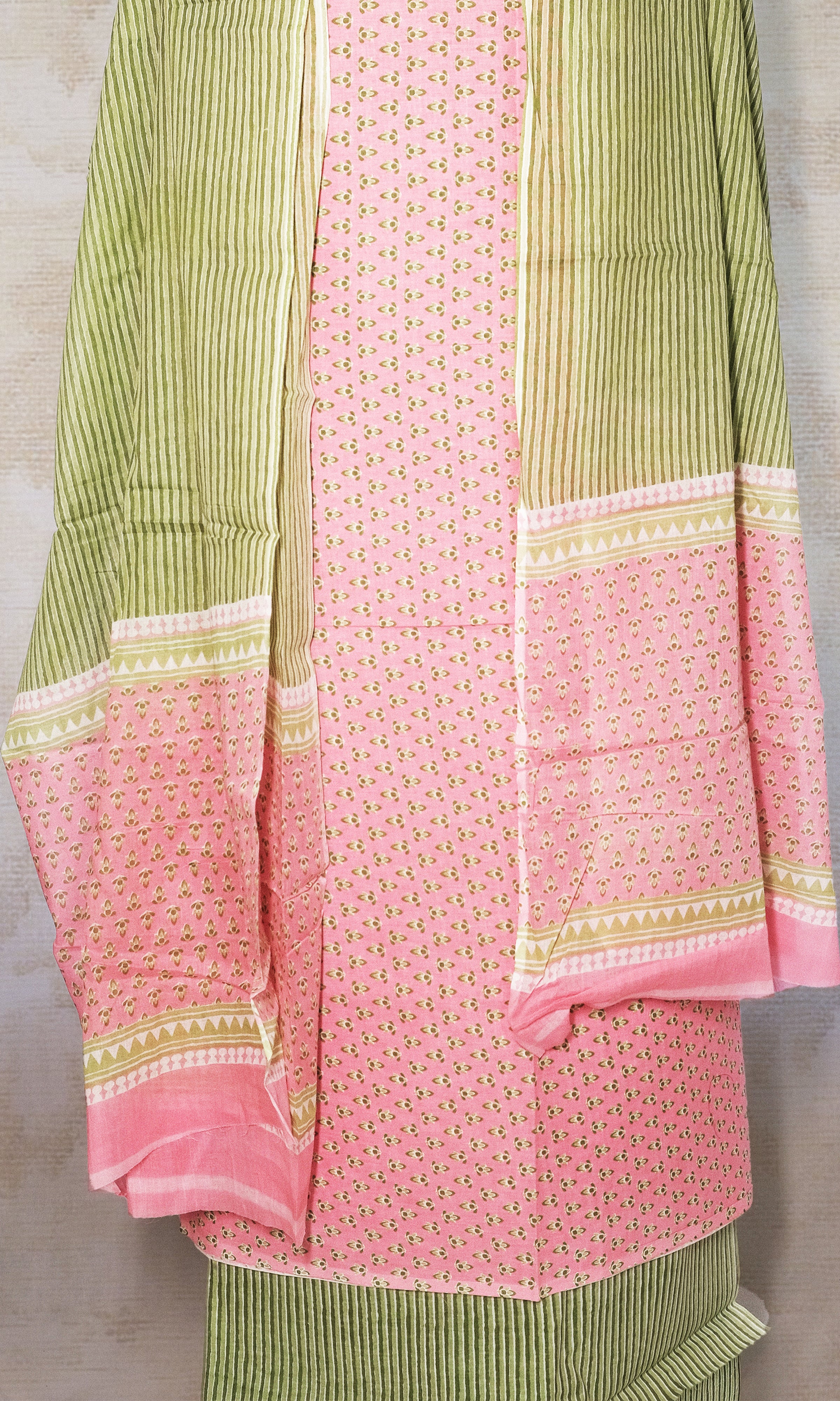 Pink & Sap Green Cotton Dress Material