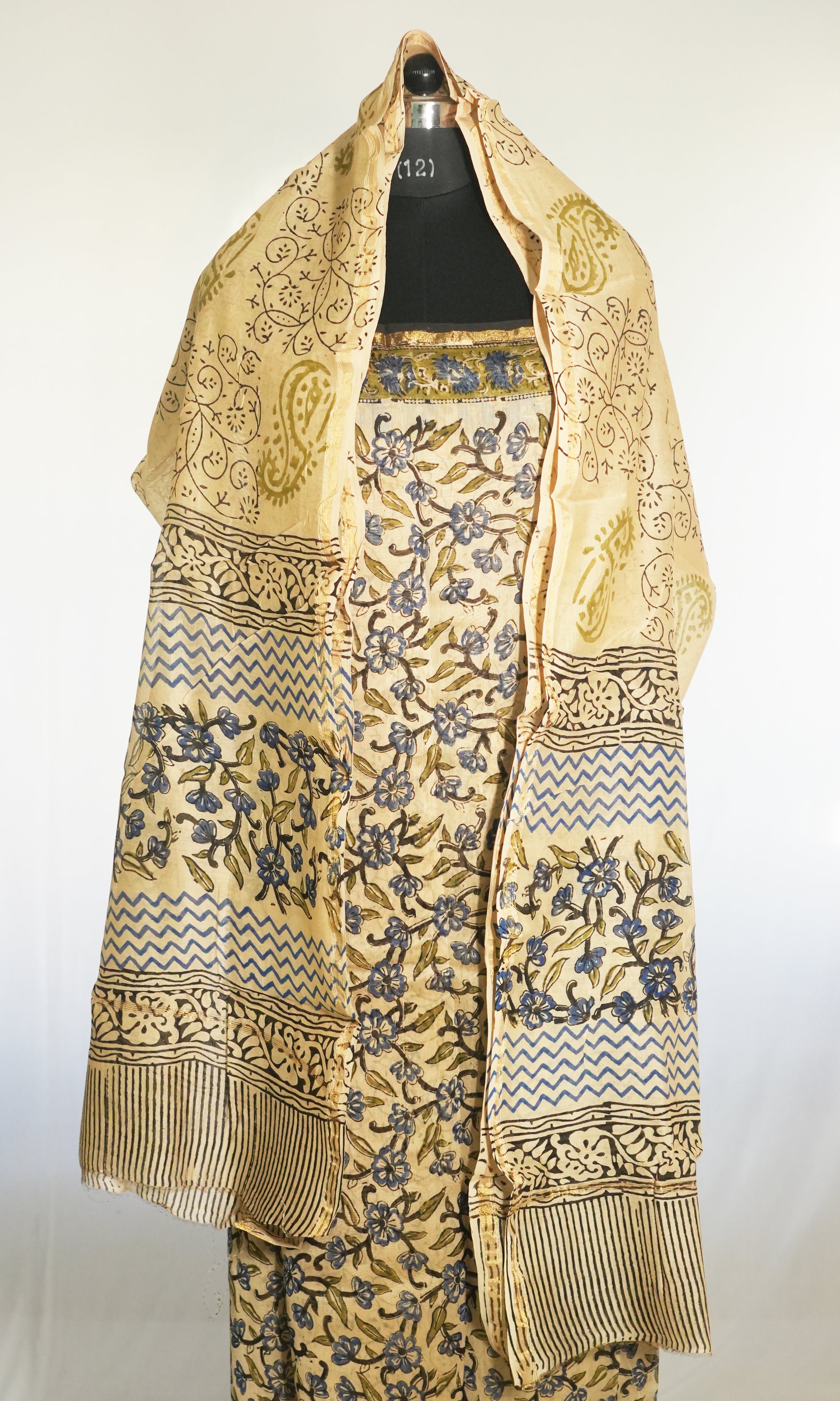 Dark Blue & Cream Chanderi Dress Material