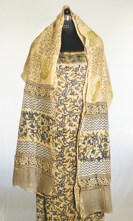 Dark Blue & Cream Chanderi Dress Material