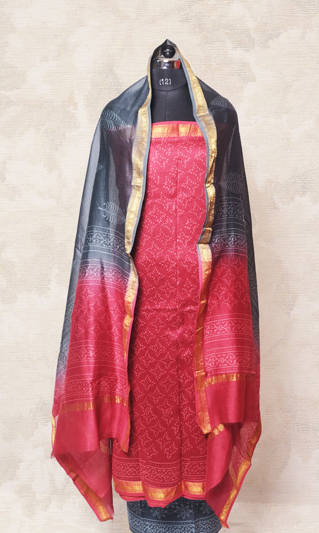 Pinkish Red & Dark Gray Maheshwari Dress Material