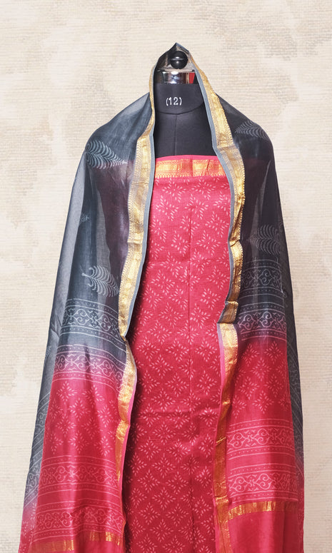 Pinkish Red & Dark Gray Maheshwari Dress Material