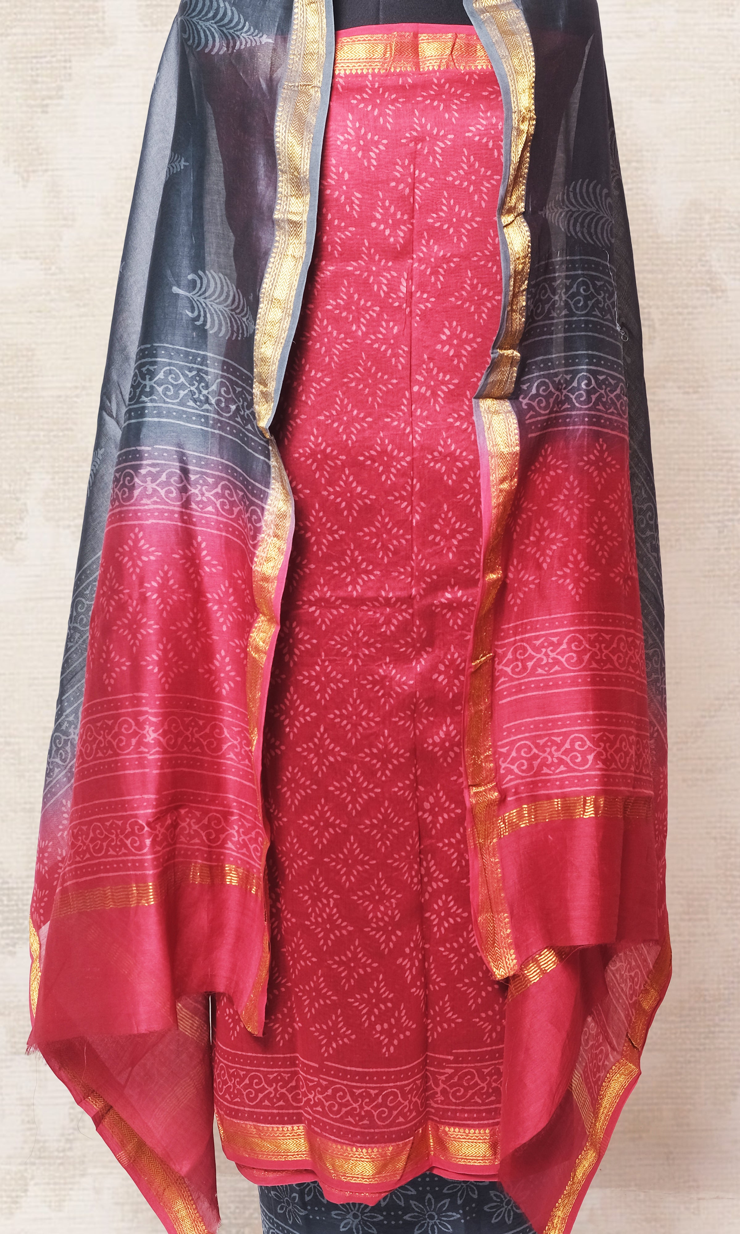Pinkish Red & Dark Gray Maheshwari Dress Material