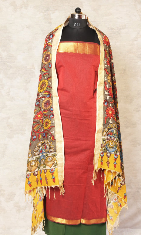 Dul Maroon & Military  Green Cotton Dress Material