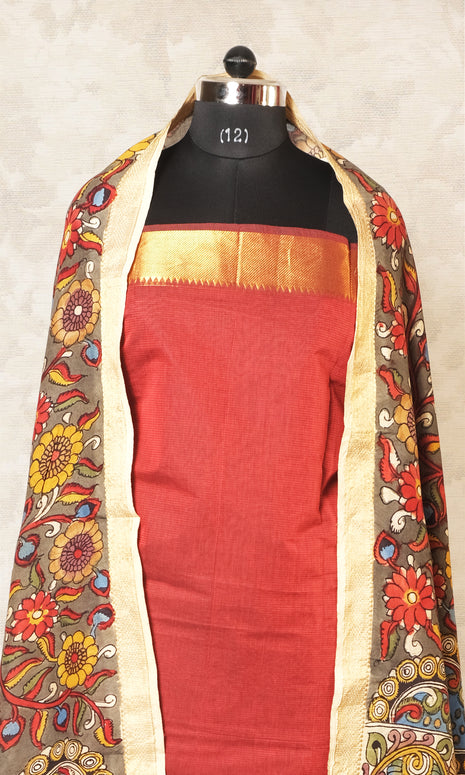 Dul Maroon & Military  Green Cotton Dress Material