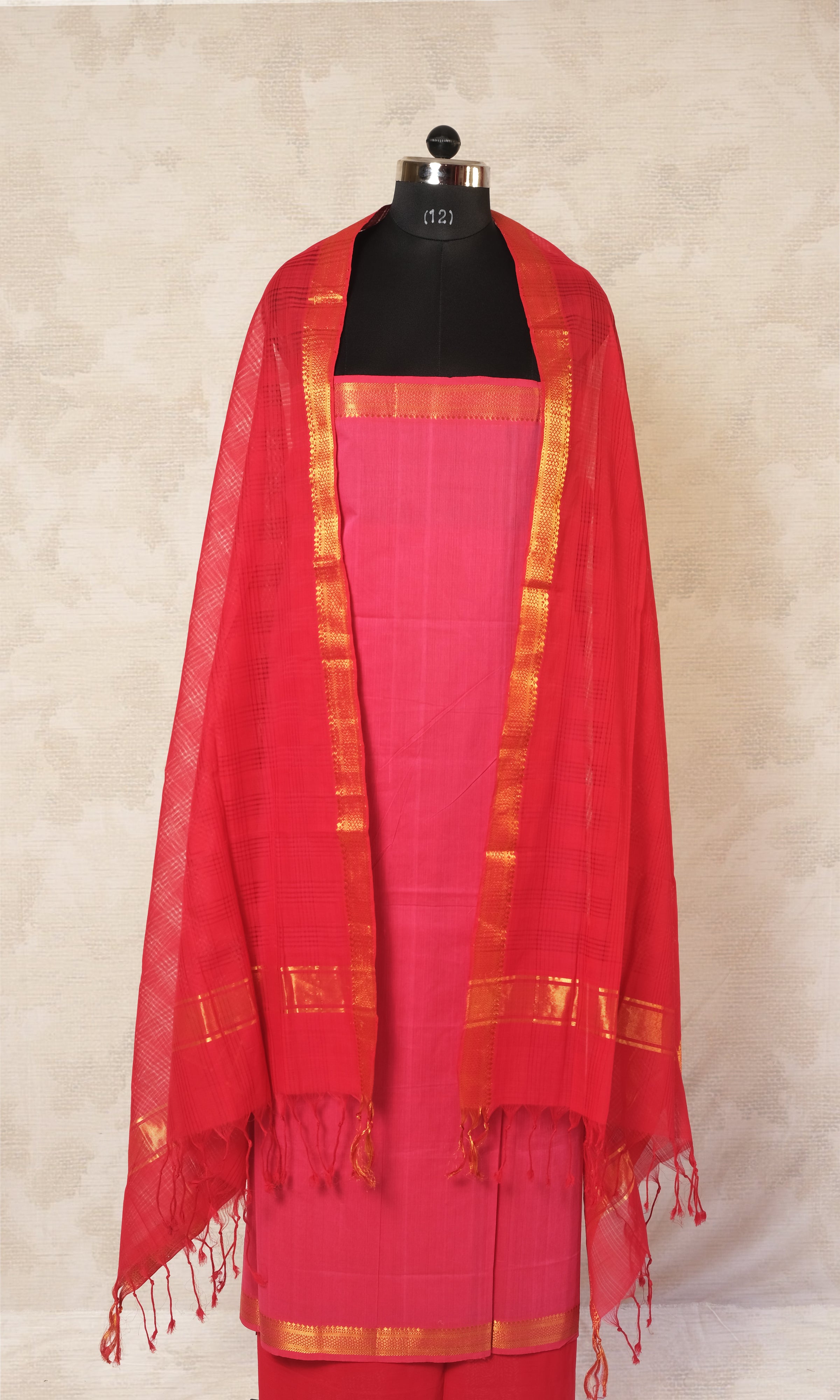 Pink & Red Mangalgiri Cotton Dress Material