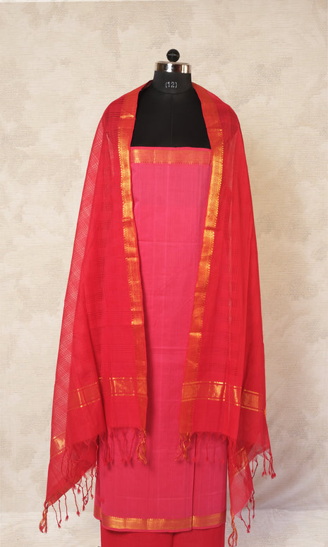 Pink & Red Mangalgiri Cotton Dress Material