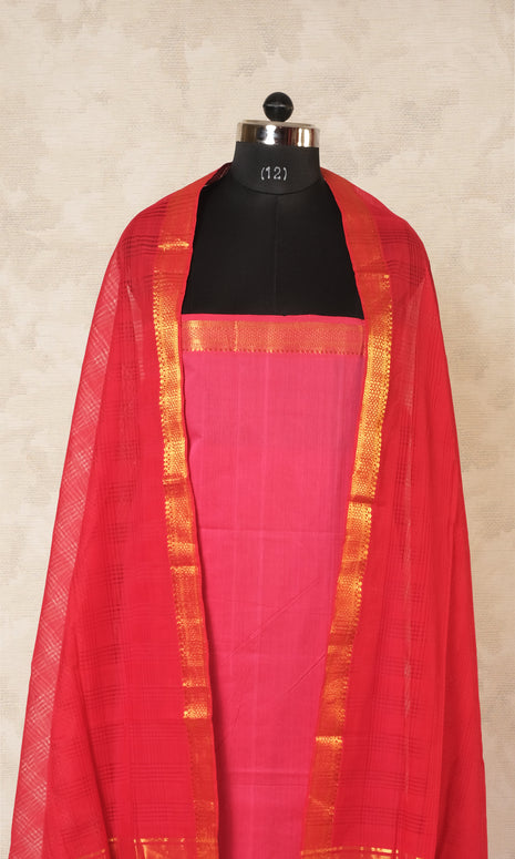 Pink & Red Mangalgiri Cotton Dress Material