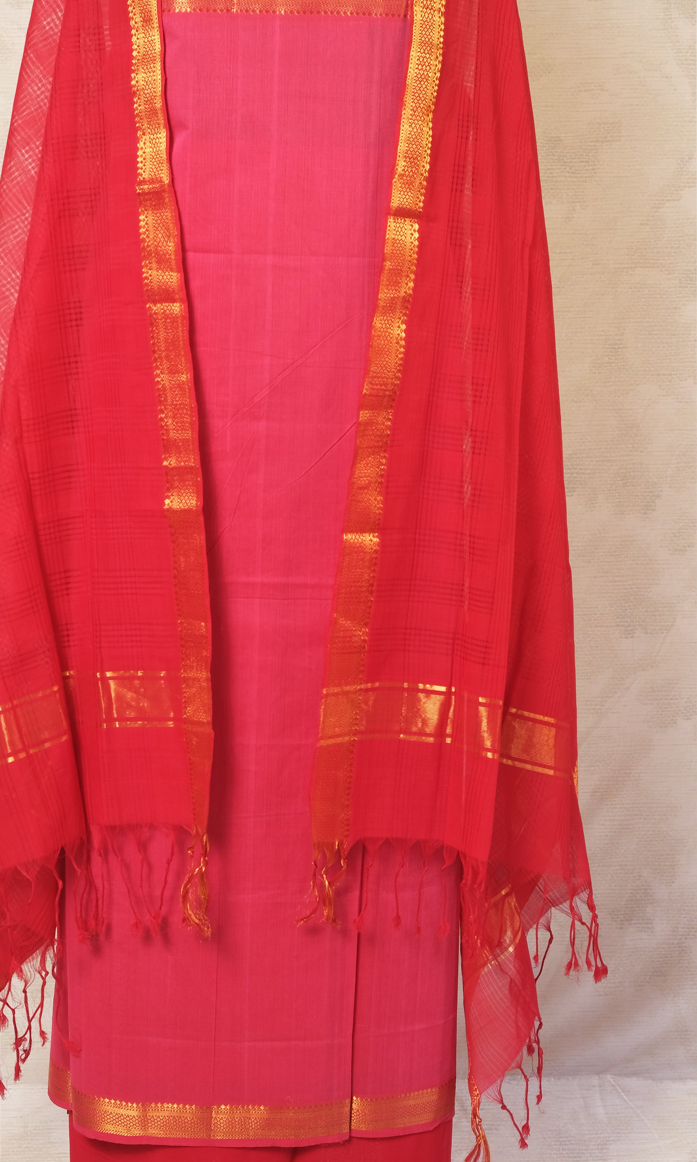 Pink & Red Mangalgiri Cotton Dress Material