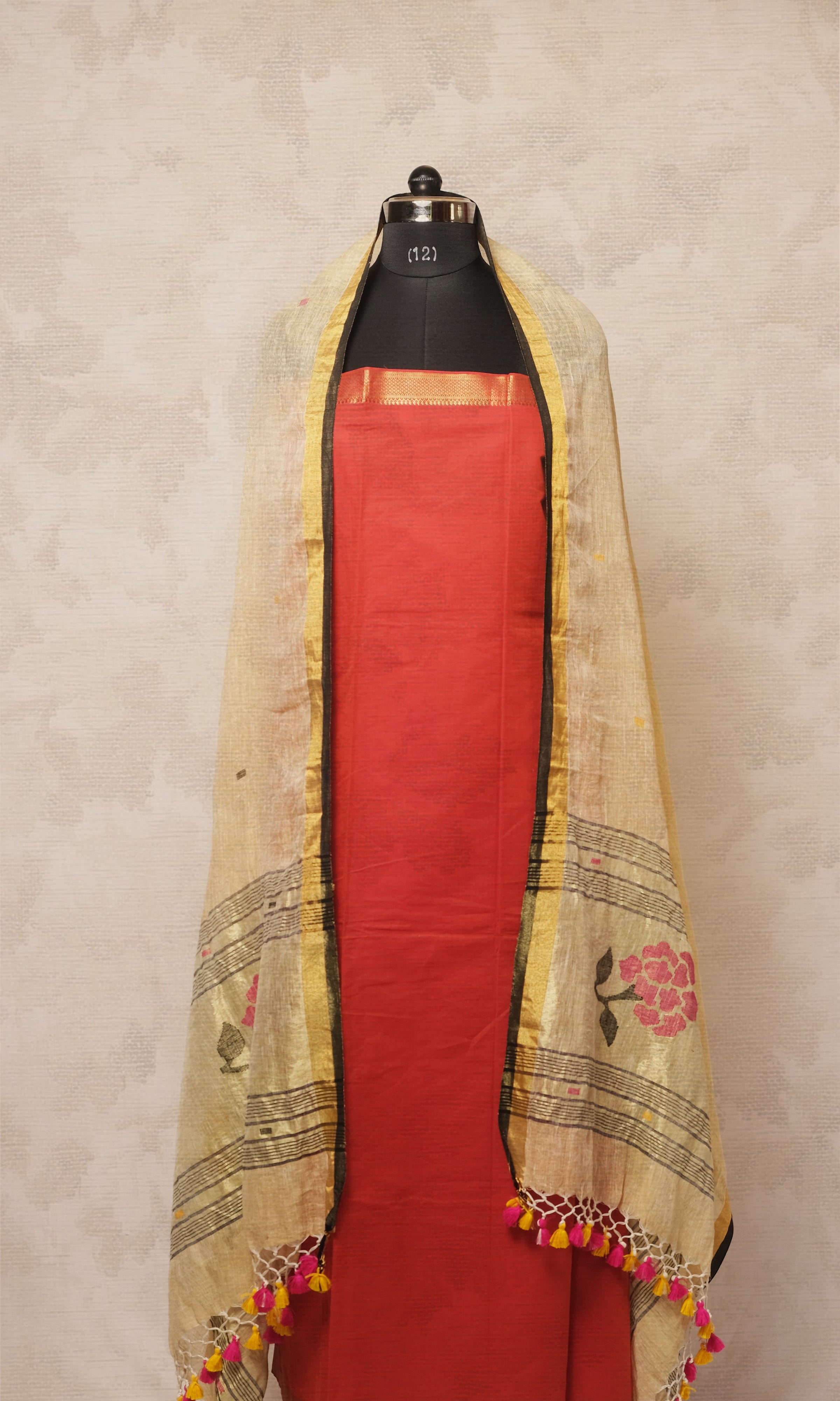 Cream & Rust Red Cotton Dress Material