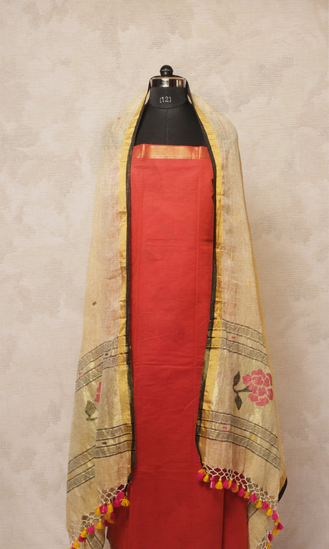 Cream & Rust Red Cotton Dress Material