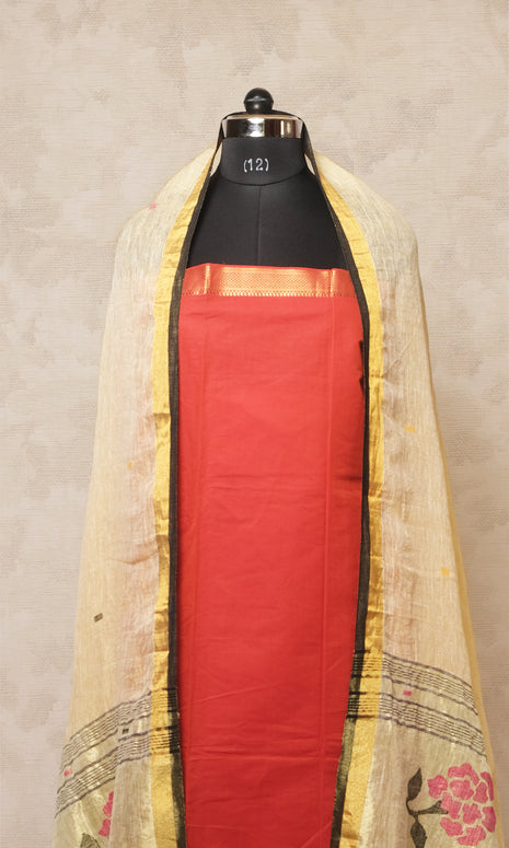 Cream & Rust Red Cotton Dress Material