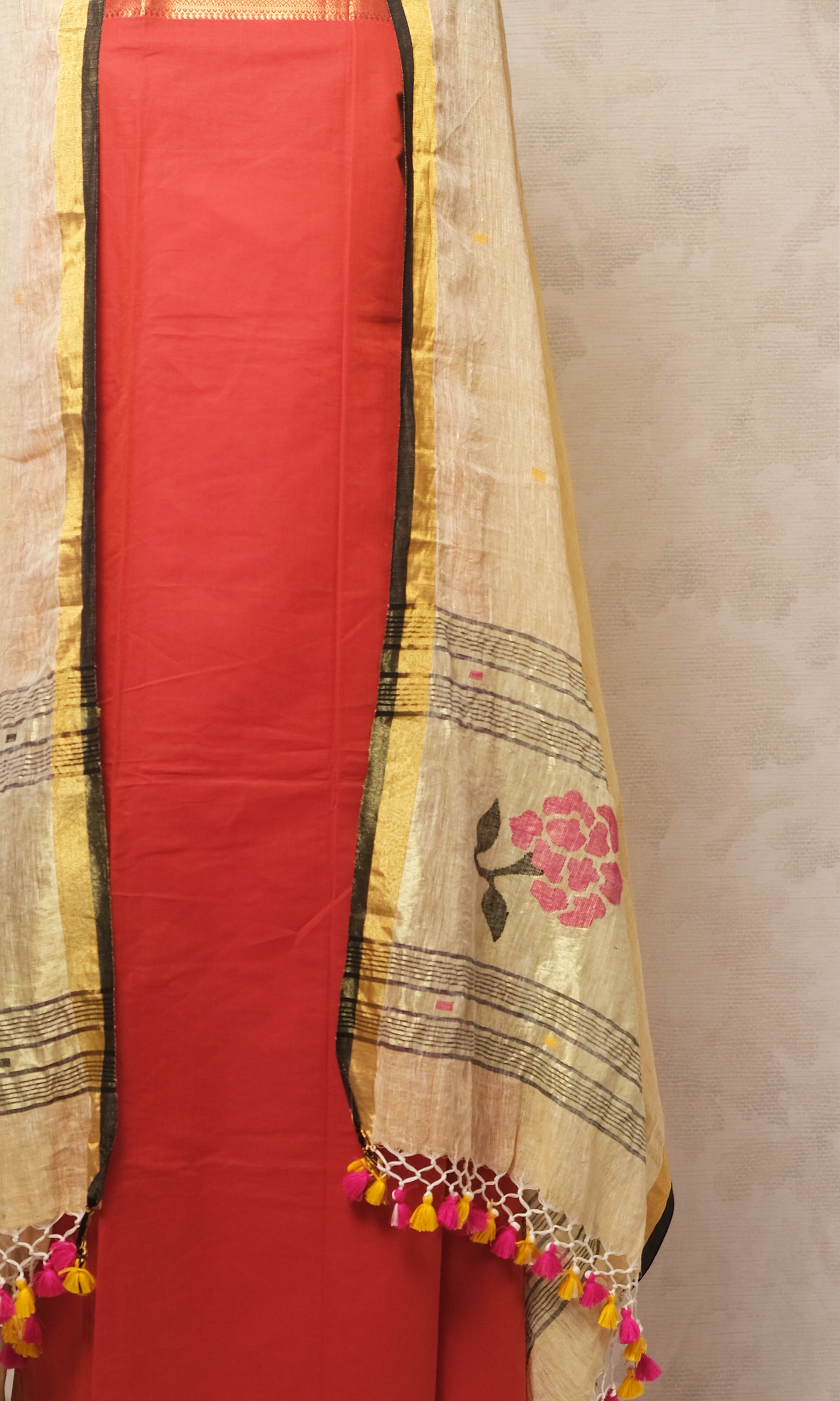 Cream & Rust Red Cotton Dress Material