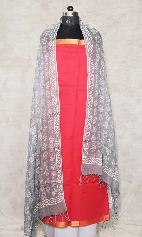 Grey & Red Cotton Dress Material