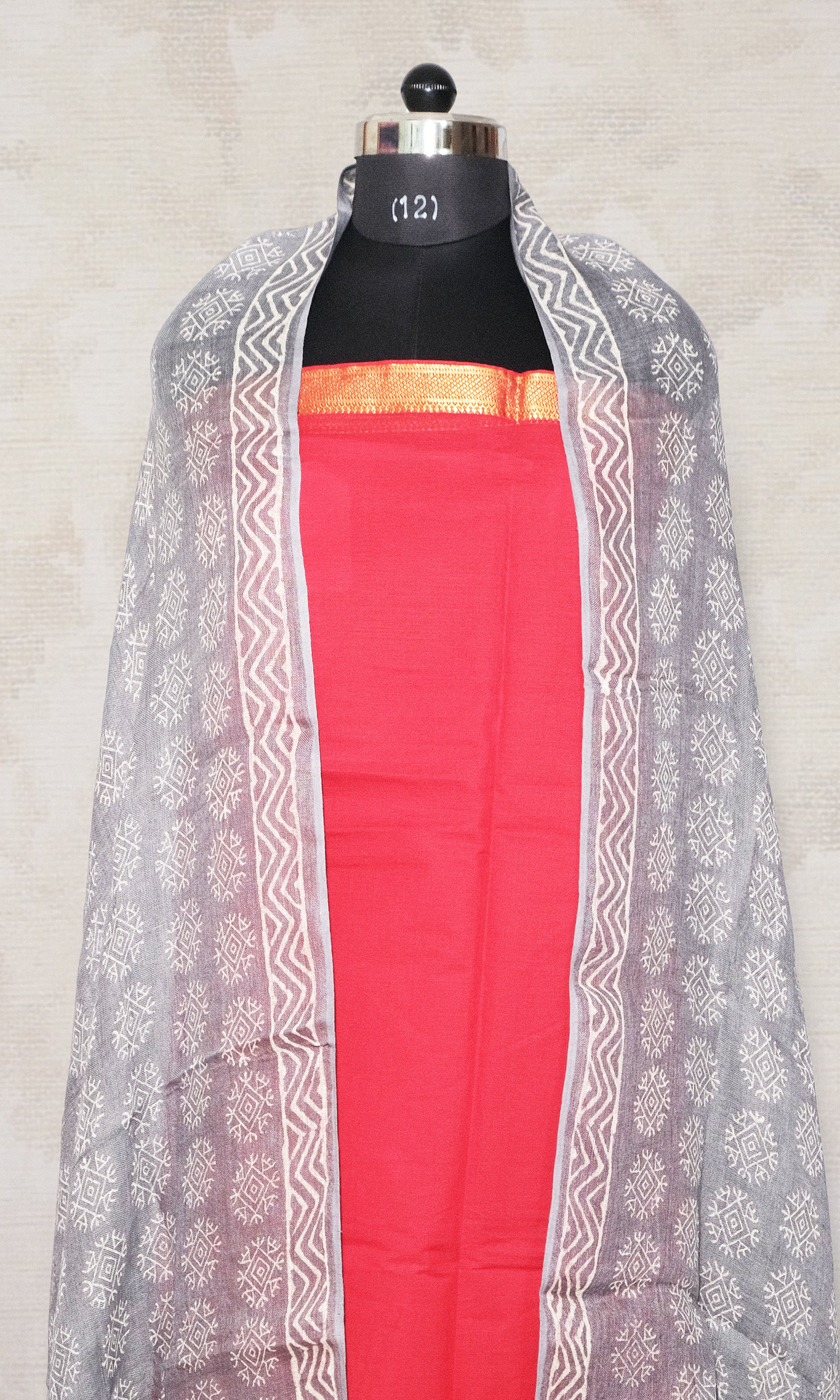 Grey & Red Cotton Dress Material