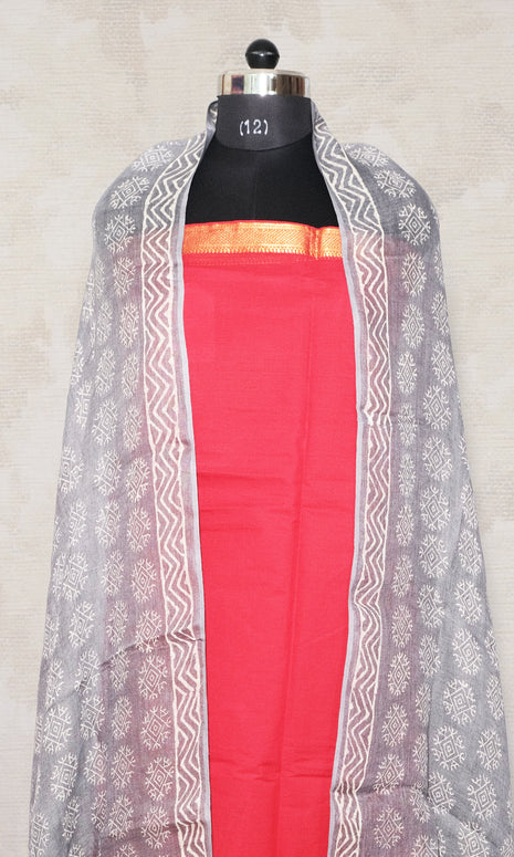 Grey & Red Cotton Dress Material