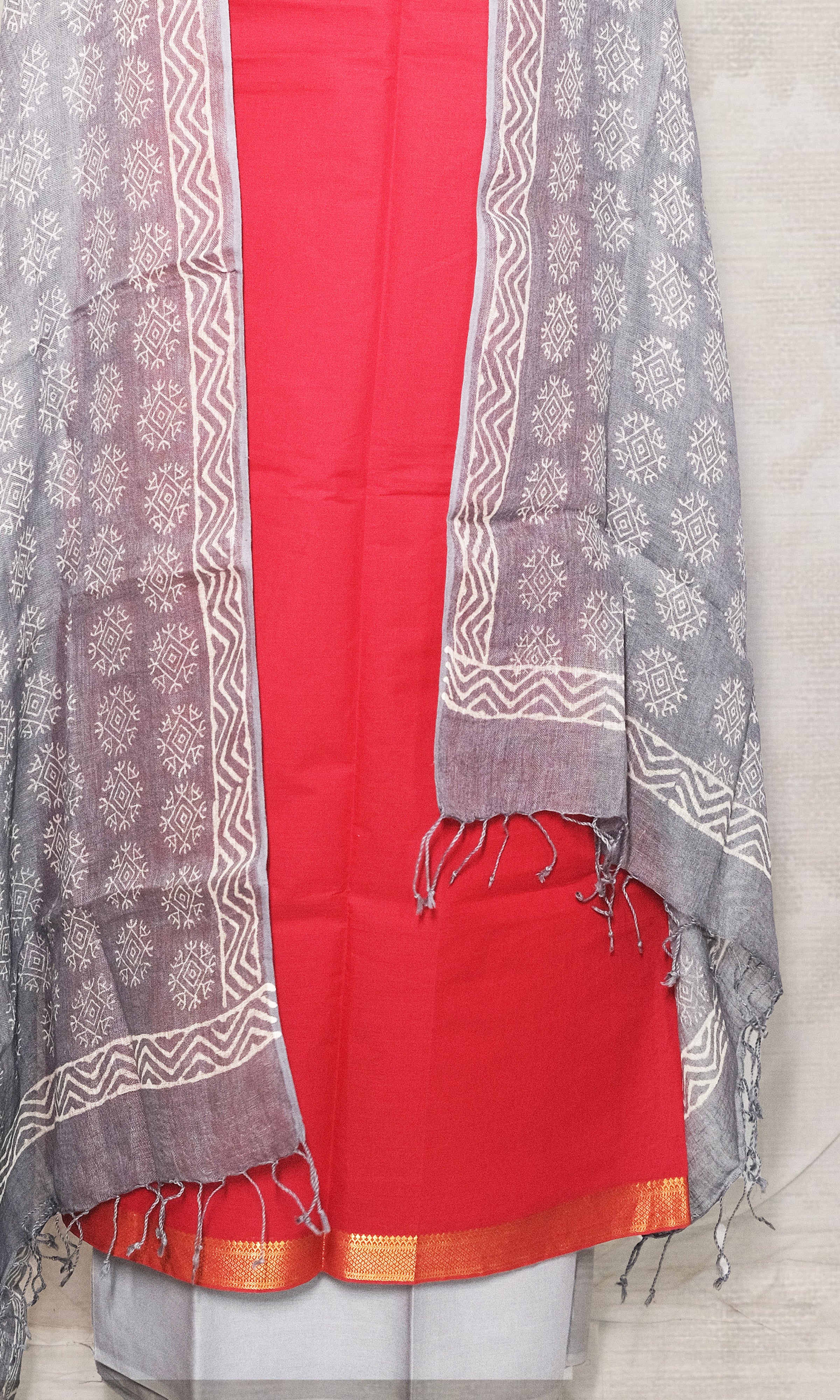 Grey & Red Cotton Dress Material