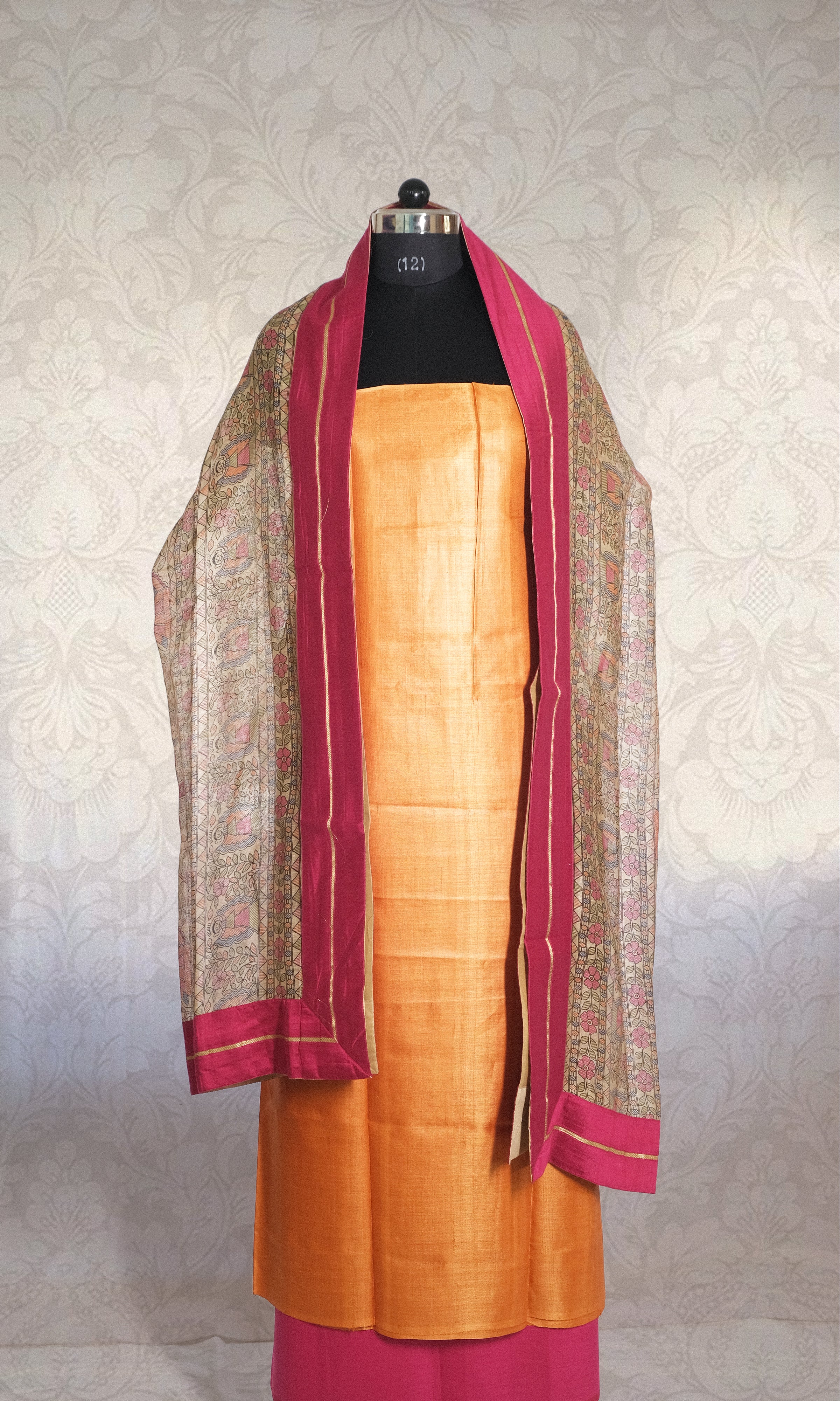Pink & Light Orange Tussar Dress Material