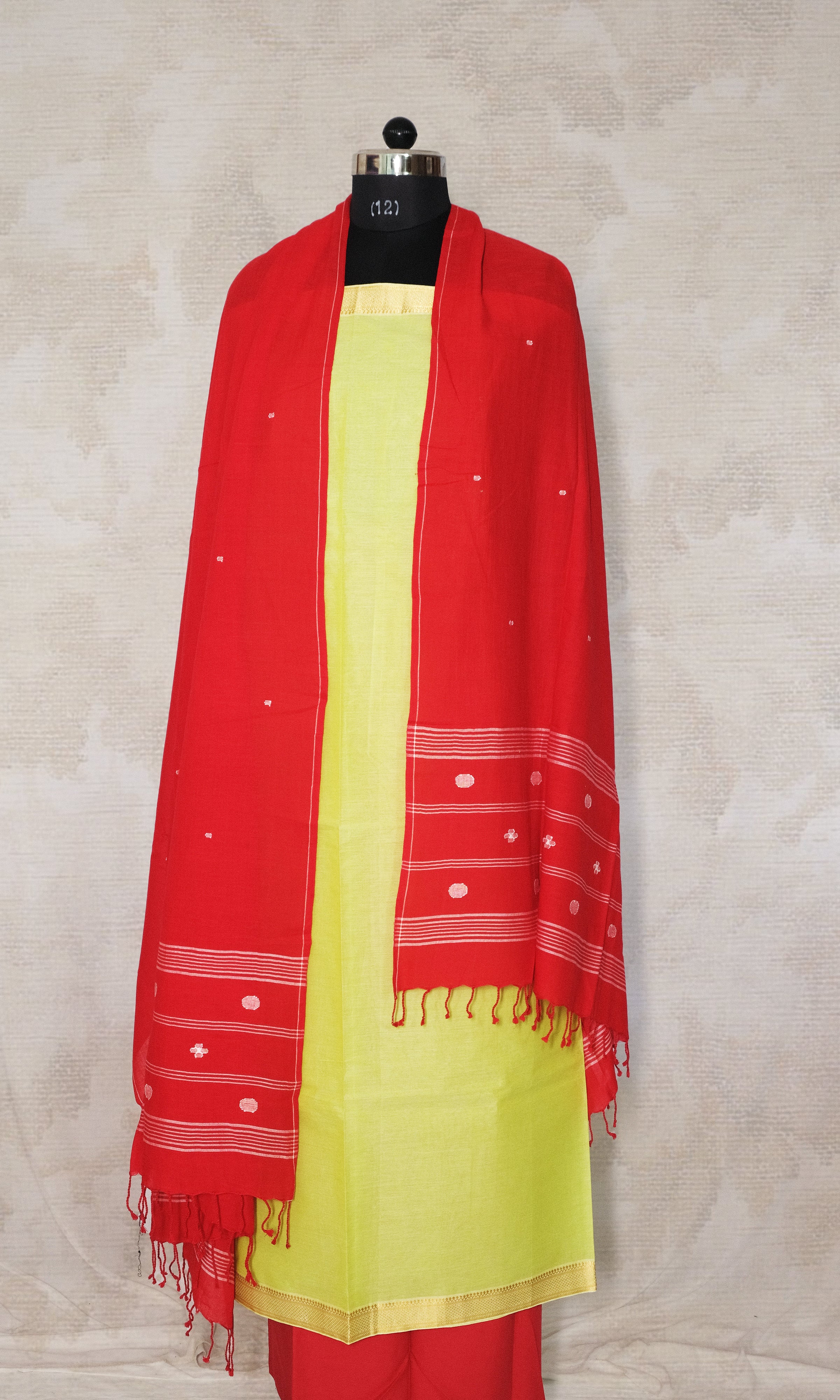 Light Lime Green & Red Cotton Dress Material